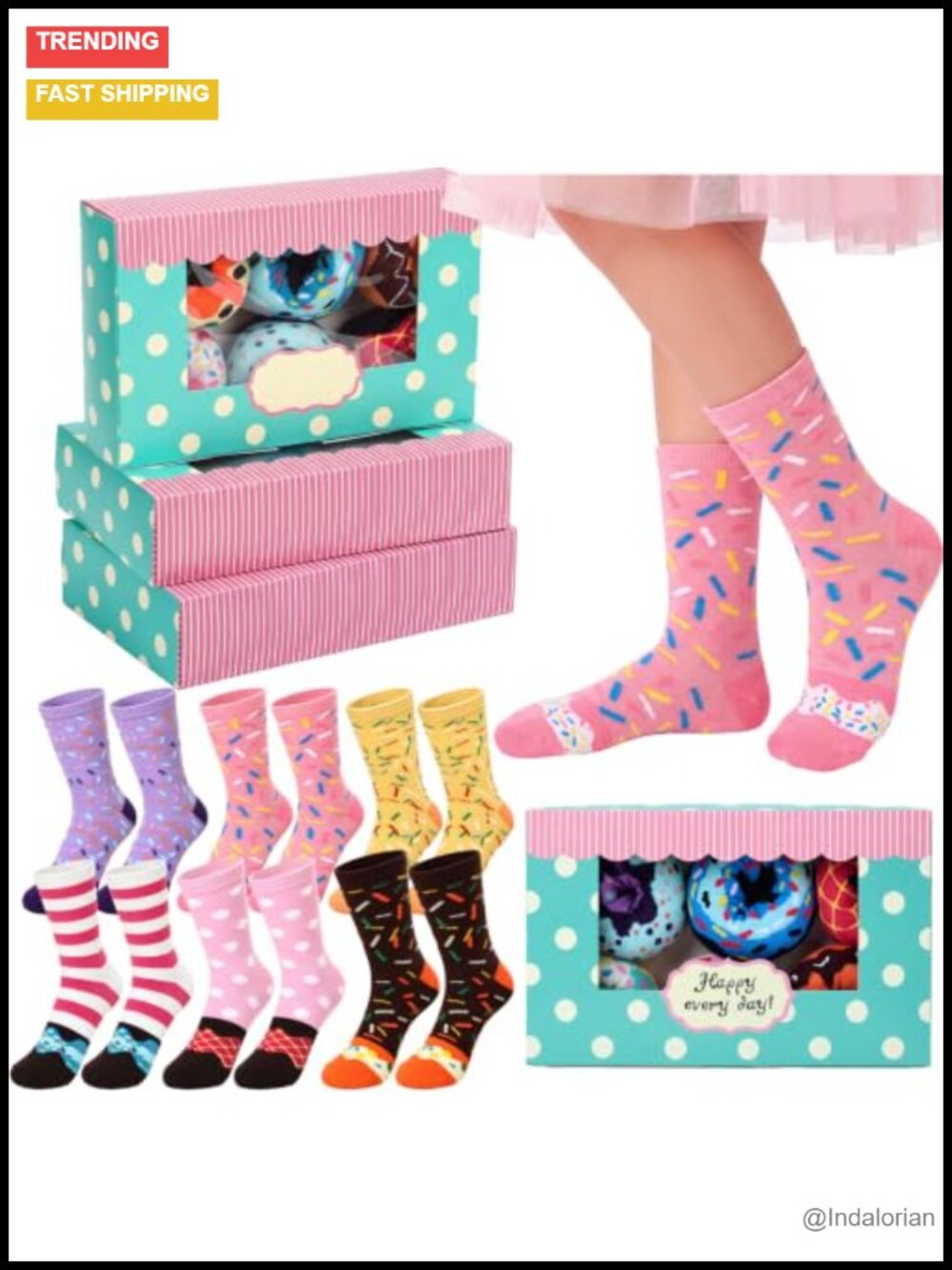 18 Pair Donut Novelty Crew Socks Gift Box Combed Cotton Women